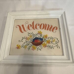 Vintage Hand Stitched Crewel Embroidery Welcome Birds and Flowers Framed FLAW